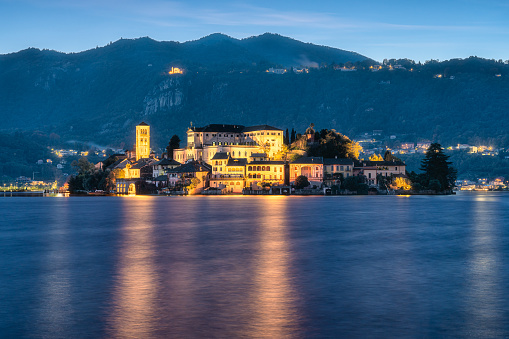 Scenic evening sight in Orta San Giulio. Province of Novara, Piedmont, Italy.