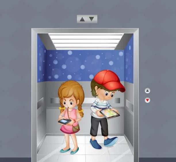 Vector illustration of Two kids holding gadgets inside the elevator