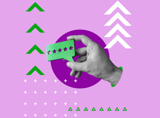 istock Customer review concept. Collage with a hand holding a five star rating. 1817004761