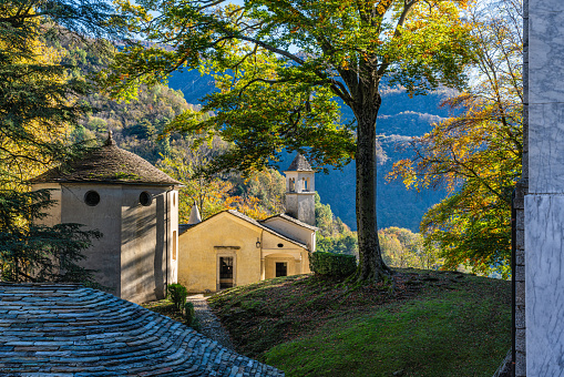 The beautiful Sacro Monte of Varallo on a sunny autumn morning. Province of Vercelli, Piedmont, Italy.
