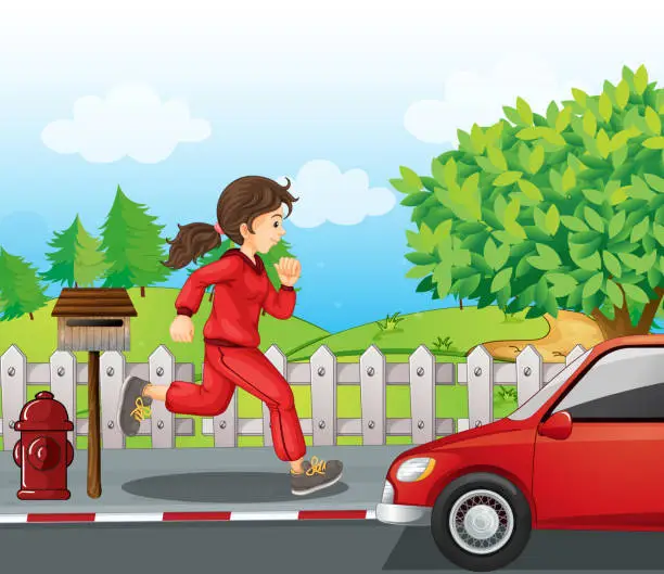 Vector illustration of Girl in a red jacket and pants running