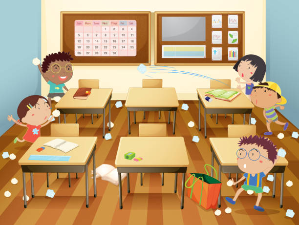 Cartoon illustration of a classroom paper fight Kids in a classroom child misbehaving stock illustrations
