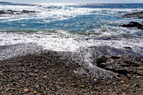 spiaggia rocciosa aguas verdes - fuerteventura, isole canarie, spagna - light sea low tide fuerteventura foto e immagini stock