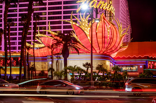 Las Vegas; USA; January 19, 2023: Photo of the fabulous Flamingo casino and hotel on Las Vegas boulevard, this street is lined with these great hotels, resorts and themed casinos.