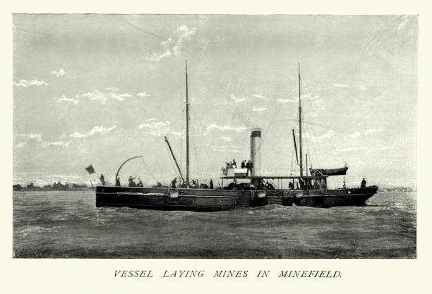 ilustrações, clipart, desenhos animados e ícones de navio de guerra minelayer colocando minas marítimas em um campo minado, história militar britânica vitoriana século 19, década de 1890 - seamine