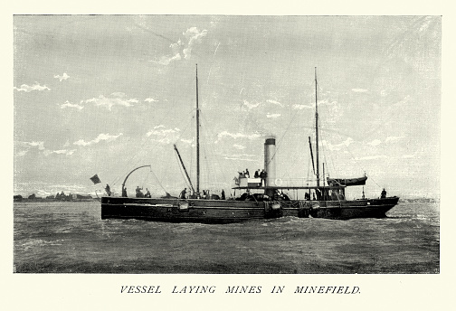 Vintage illustration Ship laying sea mines in a minefield, Victorian British Military history 19th Century, 1890s