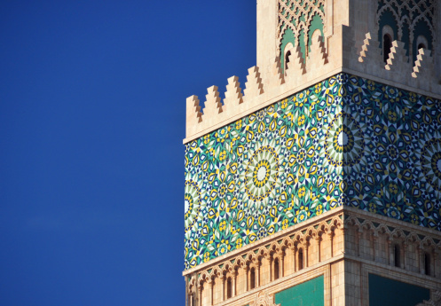 Casablanca, Morocco: Hassan II mosque - traditional zellidj tiles on the minaret
