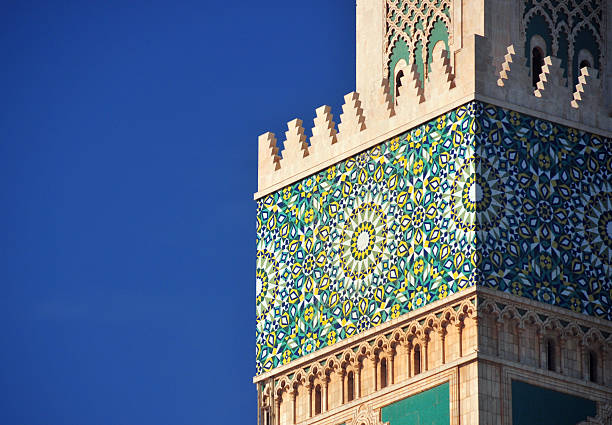 Casablanca, Morocco: Hassan II mosque, zellidj tiles Casablanca, Morocco: Hassan II mosque - traditional zellidj tiles on the minaret casablanca morocco stock pictures, royalty-free photos & images