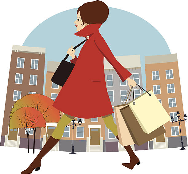 Fall shopping Young pretty brunette woman in a red coat walking down the street in a fall city, carrying a purse and four shopping bags, vector illustration, no transparencies Confidence in Your Stride stock illustrations