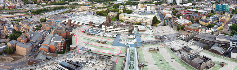 Beautiful Aerial Wide Angle Panoramic View of Central Luton City and Its Buildings