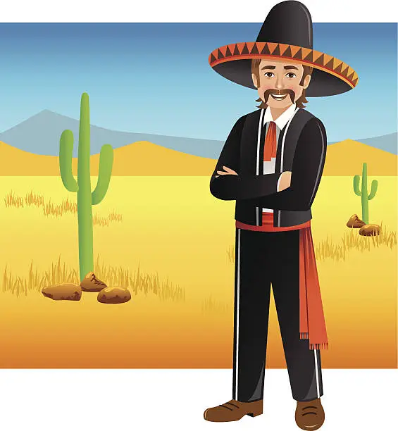 Vector illustration of Young Mexican standing with folded hands in desert