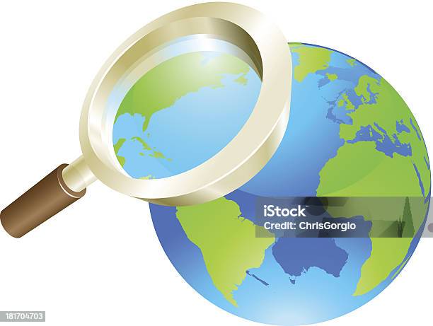 Ilustración de Lupa Concepto De Mundo Globo De Tierra y más Vectores Libres de Derechos de Aumento a pequeña escala - Aumento a pequeña escala, Azul, Clip Art