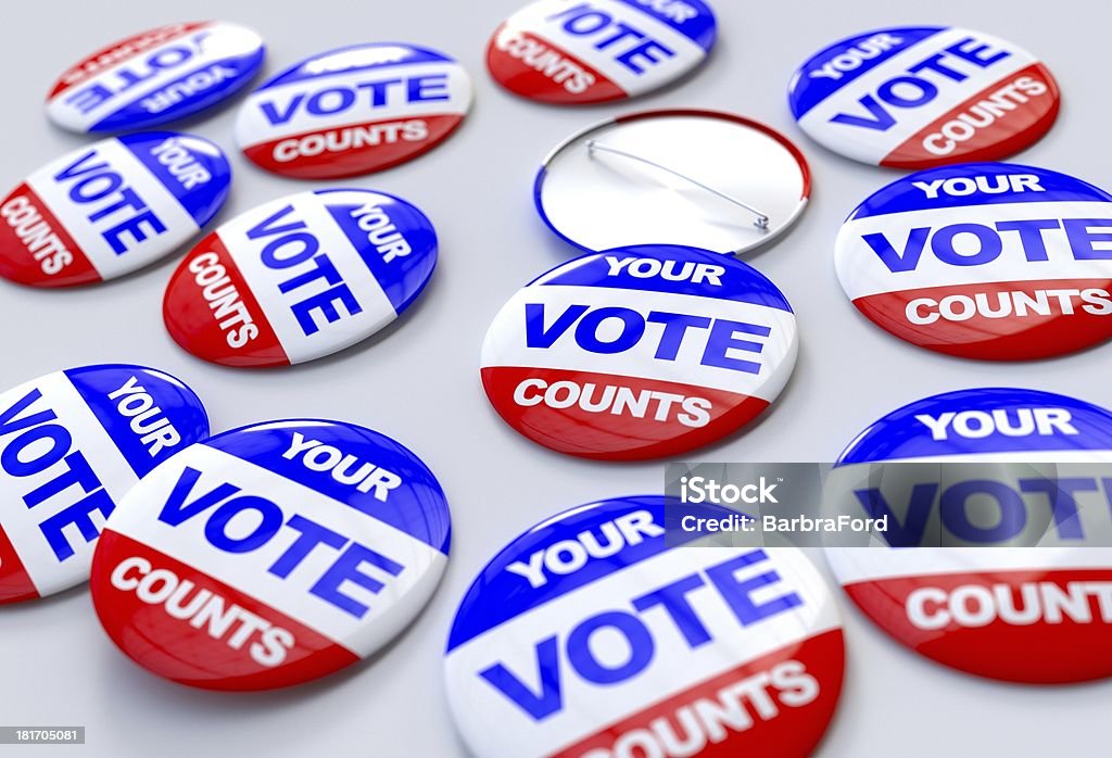 Your vote counts pins Your vote counts badges, white letters on red  background, 3D render Candidate Stock Photo