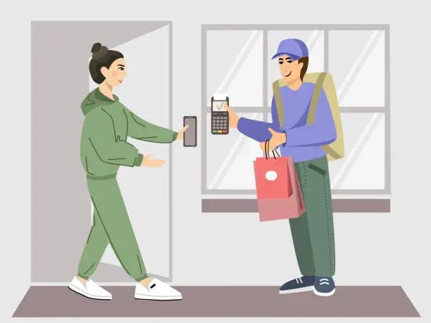 Vector illustration of Contactless payment concept. The courier and woman