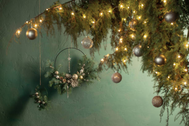 istock christmas decor with golden balls on background  dark wall 1817053338