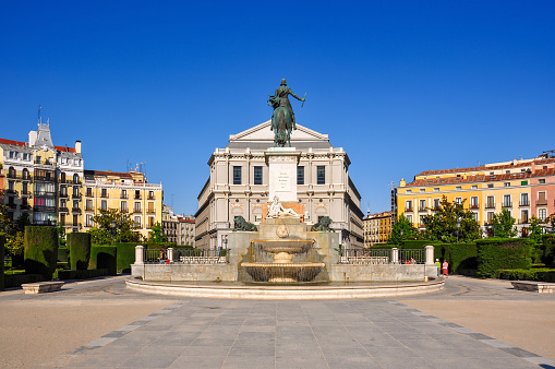 Monument to Felipe IV on Eastern square (Plaza de Oriente) and Royal theatre (Teatro Real), Madrid, Spain