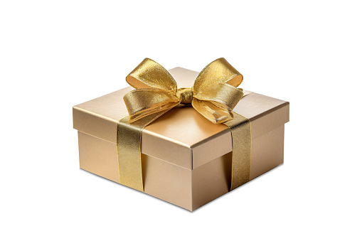 Gift box with gold ribbon isolated on white background