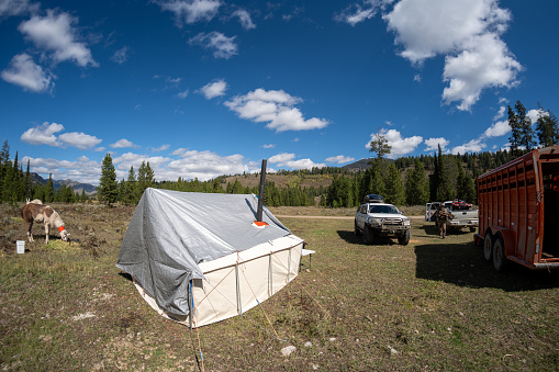 Wyoming, USA - September 23, 2023: Wide angle fisheye view of a hunting base camp (mule deer hunting) in Wyoming