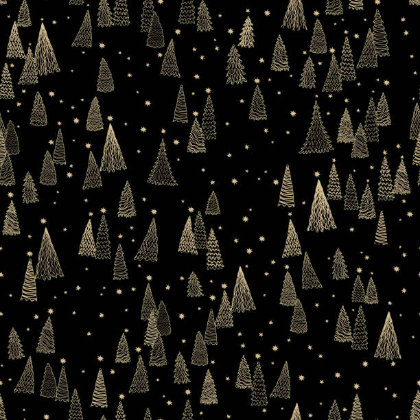 크리스마스와 새해 완벽 한 패턴입니다. 동화 속 산 숲, 별, 눈송이, 전나무. 검은색 배경에 황금색 가는 선 윤곽선 - black background sports equipment equipment winter stock illustrations
