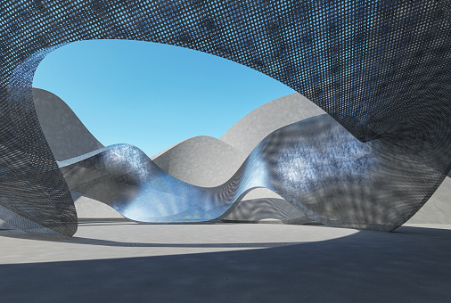 Modern style abstract architectural concrete and metal wire surface with blue sky background 3d render Building with twisted shape there are empty plaza for copy space.