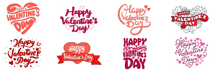 Collection of Happy Valentine's Day lettering inscription. Set of handwriting Happy Valentine's Day text color isolated on white background. Hand drawn vector art.