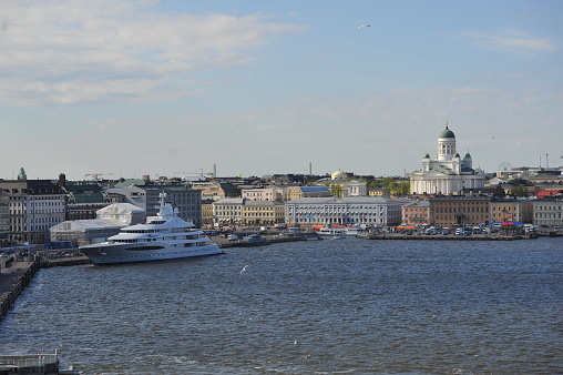 A high angle view over Katajanokka harbour with the Helsinki Cathedral in the background