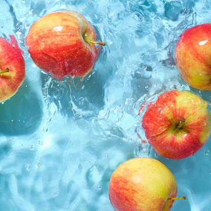 Five ripe apples floating in a crystal clear body of water, in sunlight