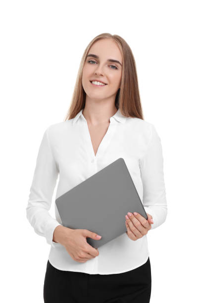 istock Happy young secretary with folder on white background 1817087567