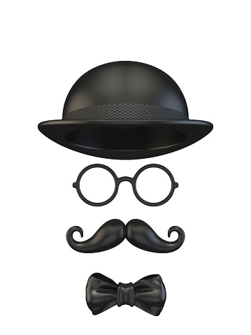Black mask Hat, ribbon bow, glasses and moustache 3D rendering illustration isolated on white background