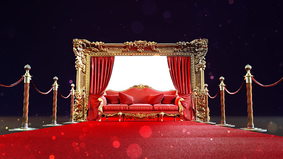 red carpet leading to red sofa with golden barriers in front of a golden emty frame, 3D render