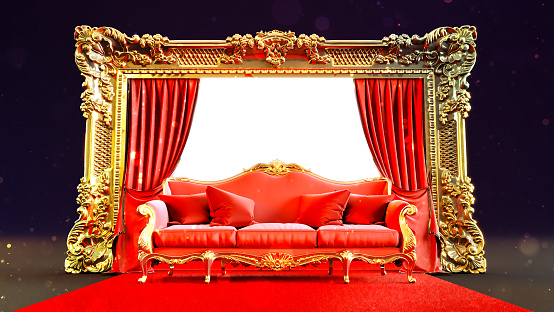 red carpet leading to red sofa in front of a golden emty frame on dark background, 3D render