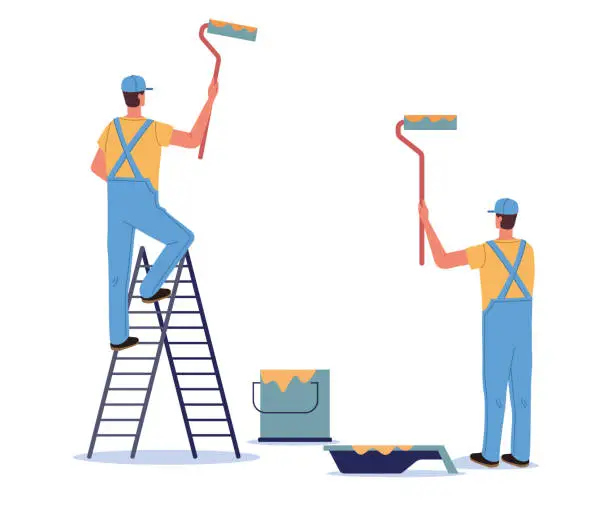 Vector illustration of Paint wall painter home repair workers concept. Vector cartoon graphic design element illustration