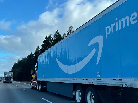 Amazon truck heading northbound on Interstate 5 in Oregon, USA.