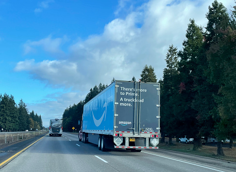 Amazon truck heading northbound on Interstate 5 in Oregon, USA.