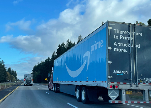 Amazon truck heading northbound on Interstate 5 in Oregon, USA.