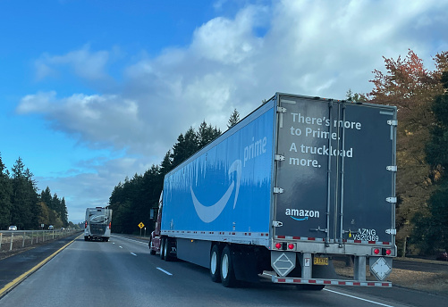 Amazon truck heading northbound on Interstate 5 in Oregon, USA.