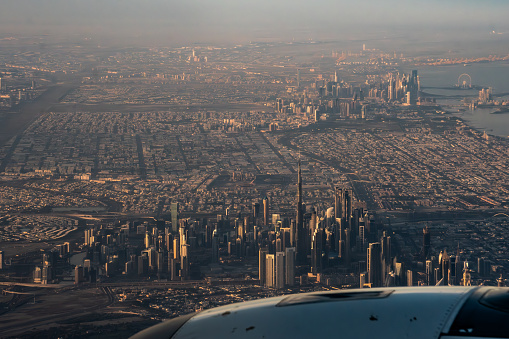 Aerial view of Dubai showing many of the landmarks of the city.
