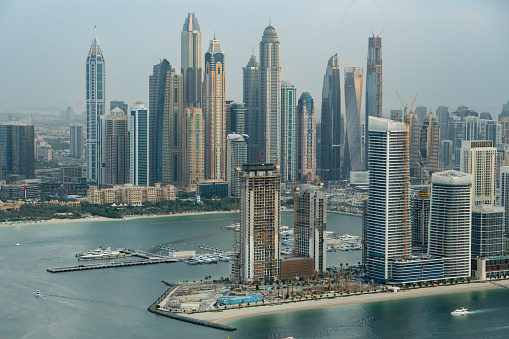 Dubai Marina, UAE, skyscrapers and hotels.