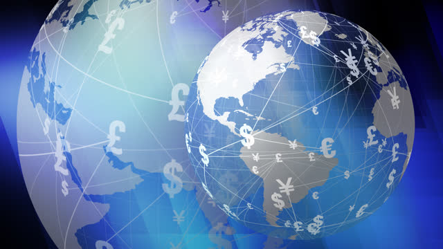 Breaking news worldwide finance market symbolizes global economy with fluctuating dollar, euro, pound, and yuan international news from earth's rotating globe