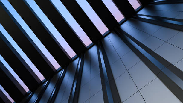 wall of building, modern architecture with metal elements, building with transparent ceiling, sky view. modern house, office, building, with metal wall and open sky. 3d render. - construir imagens e fotografias de stock