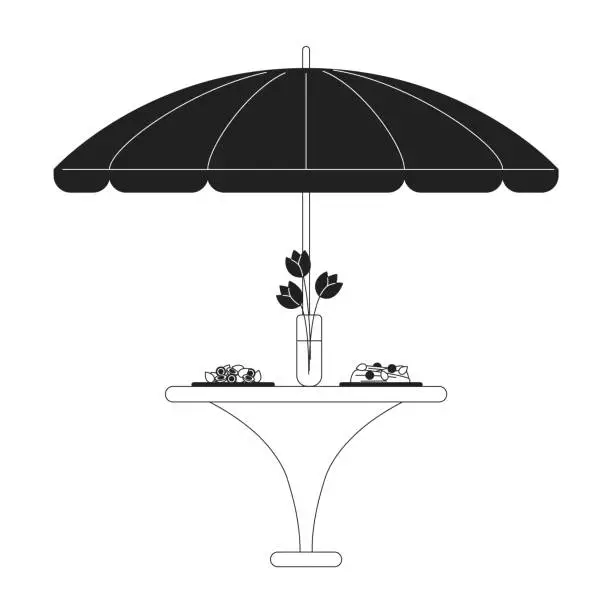 Vector illustration of Umbrella patio dining table dinner served black and white 2D cartoon object