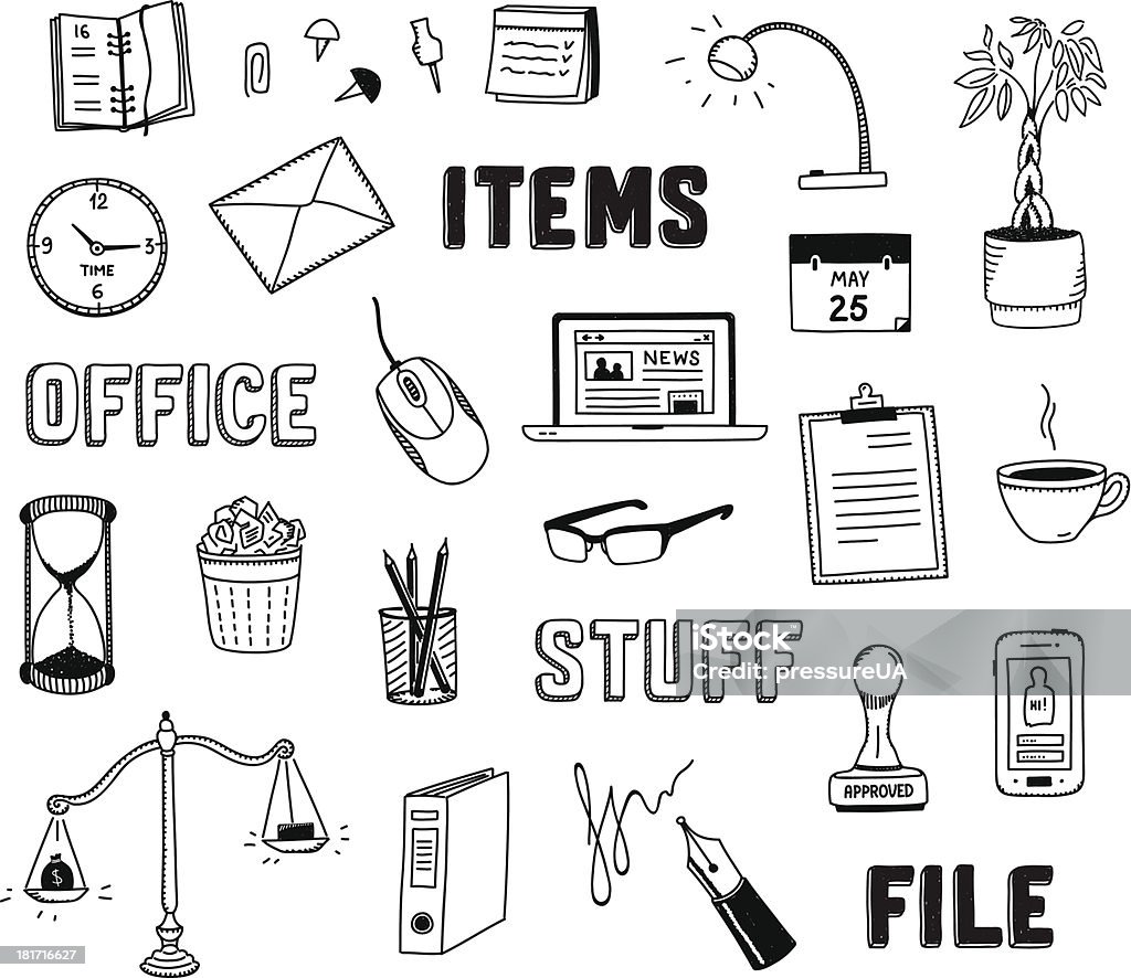 Office and business objects doodles set Vector collection of hand drawn doodles of business objects and office items. Isolated on white background Drawing - Activity stock vector