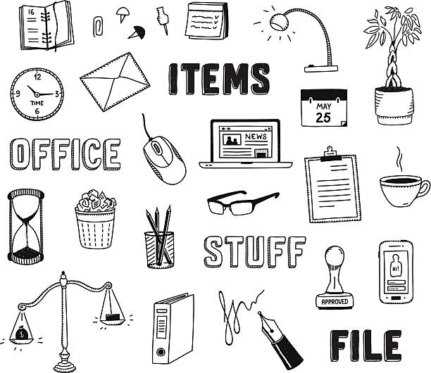 Office and business objects doodles set Vector collection of hand drawn doodles of business objects and office items. Isolated on white background writing tools stock illustrations