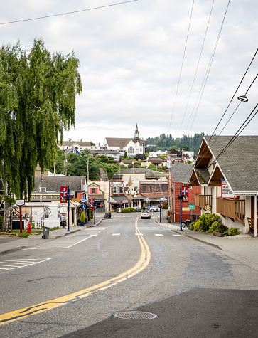 Poulsbo, Washington - May 29, 2023: Poulsbo is a Scandinavian themed town founded by Norwegian immigrant Jørgen Eliason. It sits on Liberty Bay and is a regional tourist destination.