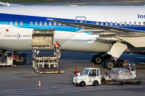 All Nippon Airways (ANA) Boeing 787 Dreamliner passenger plane unloaded at Dusseldorf Airport. Germany - February 7, 2020