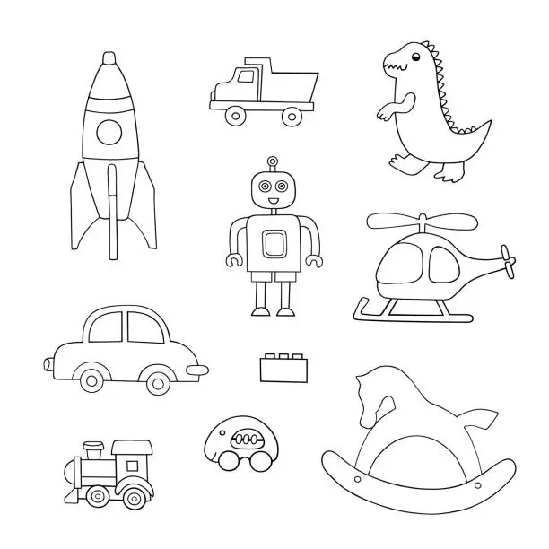 Vector illustration of A set of children toys on a white background. Outline drawing. Children theme.
