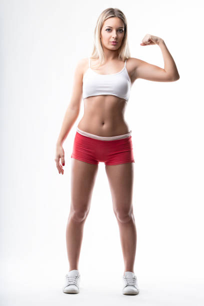 model's flexed arm symbolizes personal empowerment and fitness
