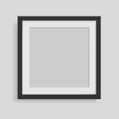 Realistic blank black white picture frame with shadow. Empty square photo frame for art gallery or interior. Vector illustration isolated on gray background.
