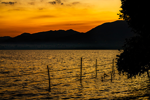 The sun is about to rise over the Coyuca Lagoon in Acapulco, state of Guerrero. The view is from a mangrove forest.