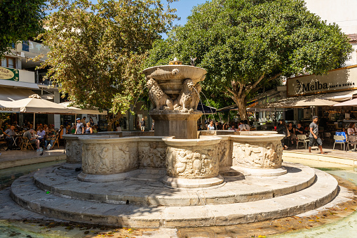 Heraklion, Crete - Greece - September 21st, 2023: The Morosini or Lions Square Fountain, completed in 1628 by Governor-architect Francesco Morosini, in Heraklion, Greece.